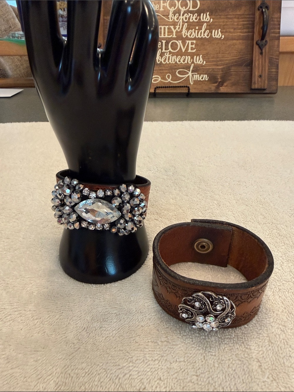 Brown Leather Tooled & Crystal Embellished Cuff Bracelets